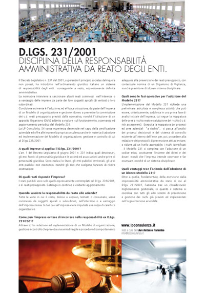 Articolo d.lGs. 231/2001DISCIPLINA DELLA RESPONSABILITà AMMINISTRATIVA DA REATO DEGLI ENTI
